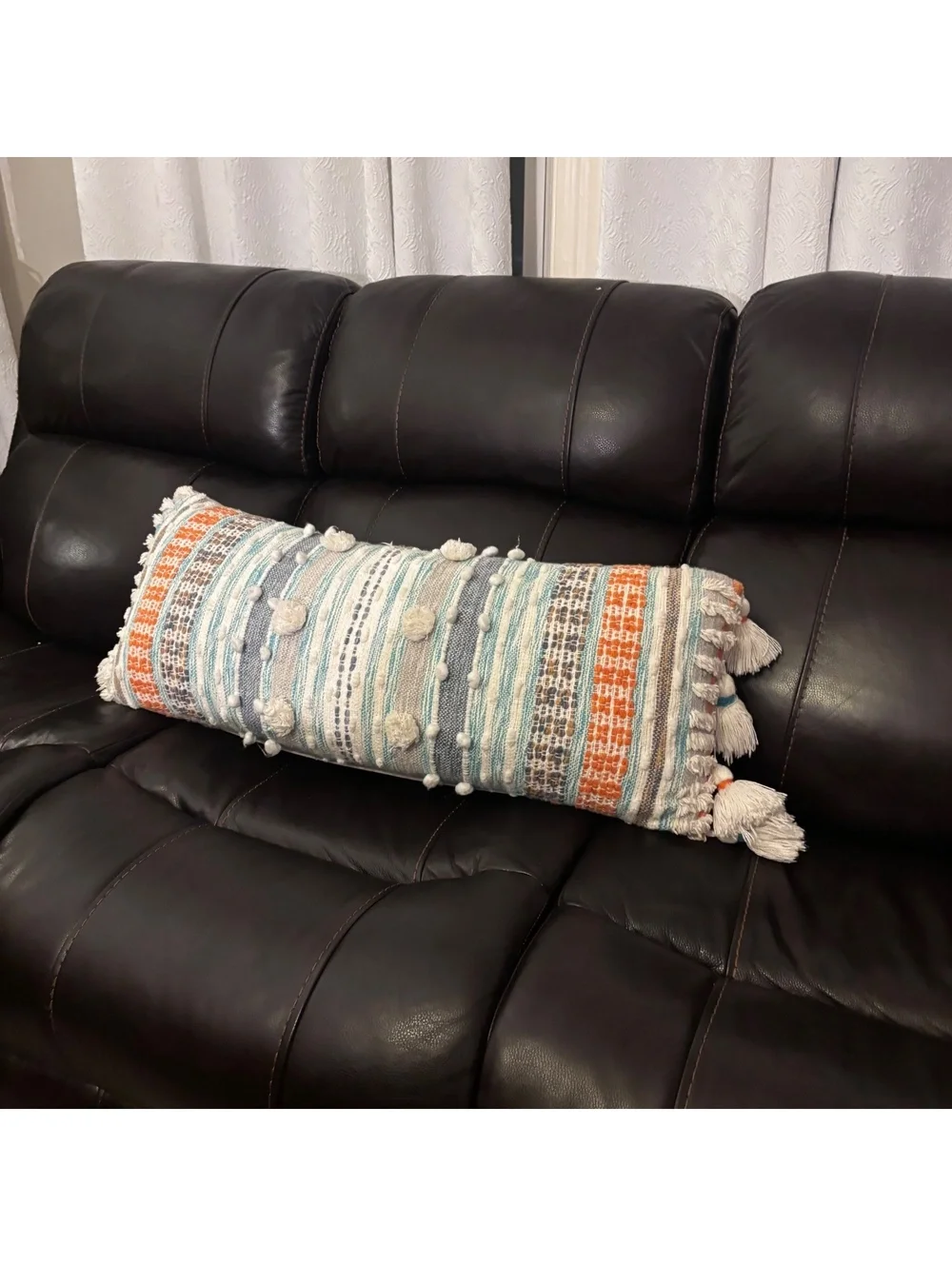 Boho Lumbar Throw Pillow with Tassels | Woven Textured Accent Pillow | 32” x 12”